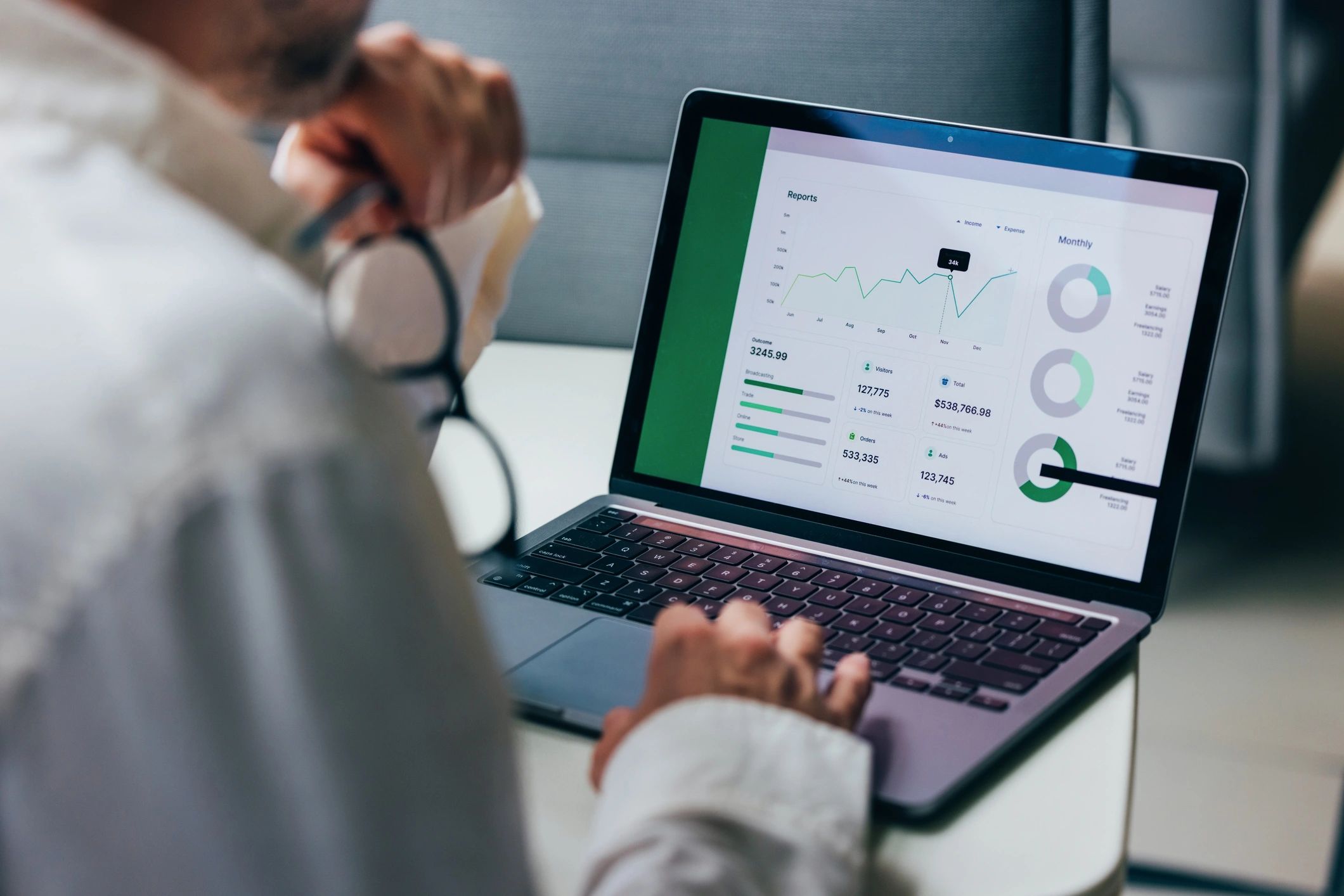 Reviewing performance metrics and KPI dashboards on a laptop